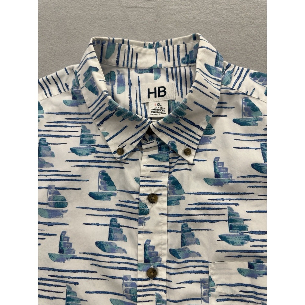 HB Mens 1XL Blue White Sailboats Sleeve Button Shirt Classic